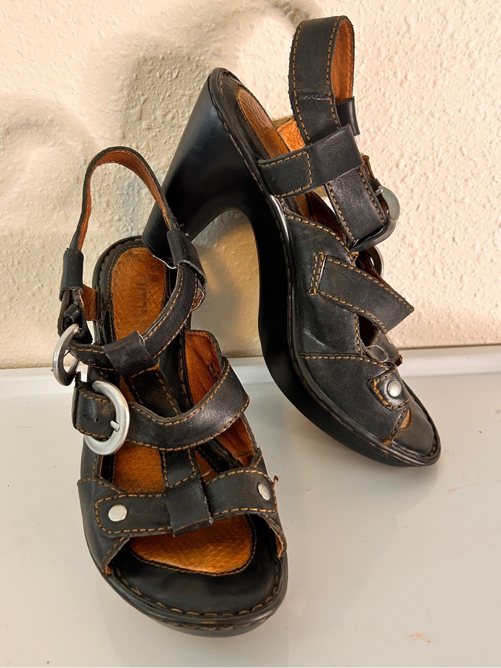 Born Black Leather Platform Heeled Sandals with Silver Buckles